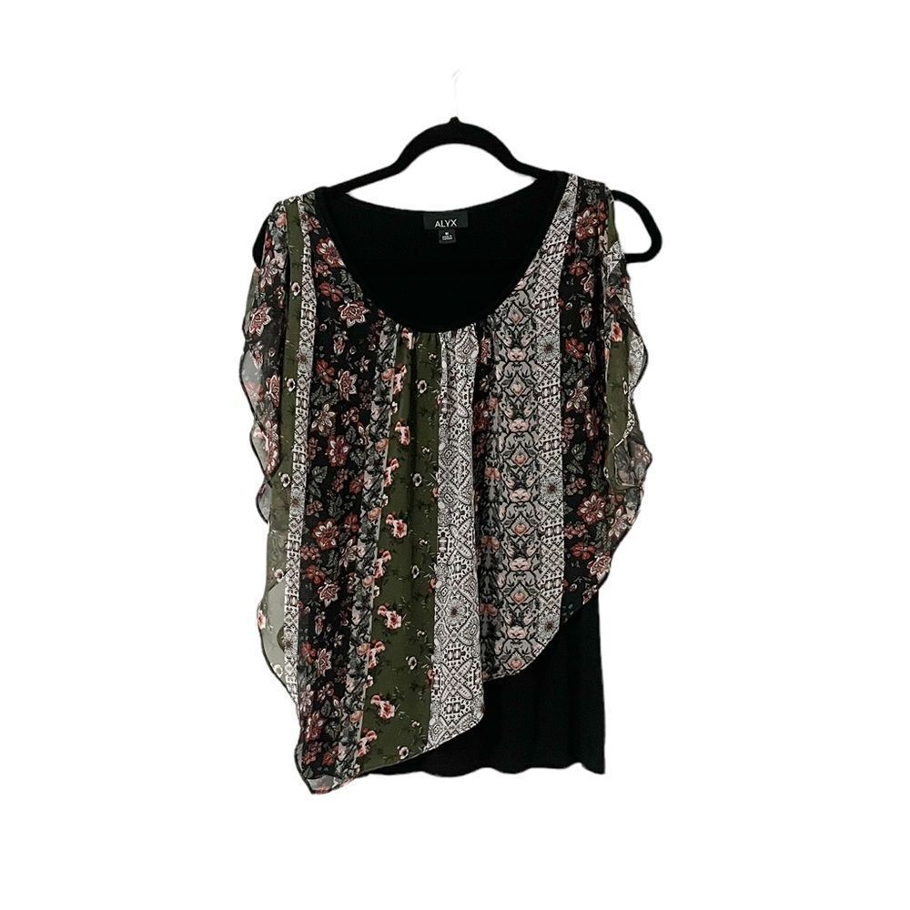 ALYX Black Fitted Tank Floral Flutter Asymmetric Cape Overlay Size M